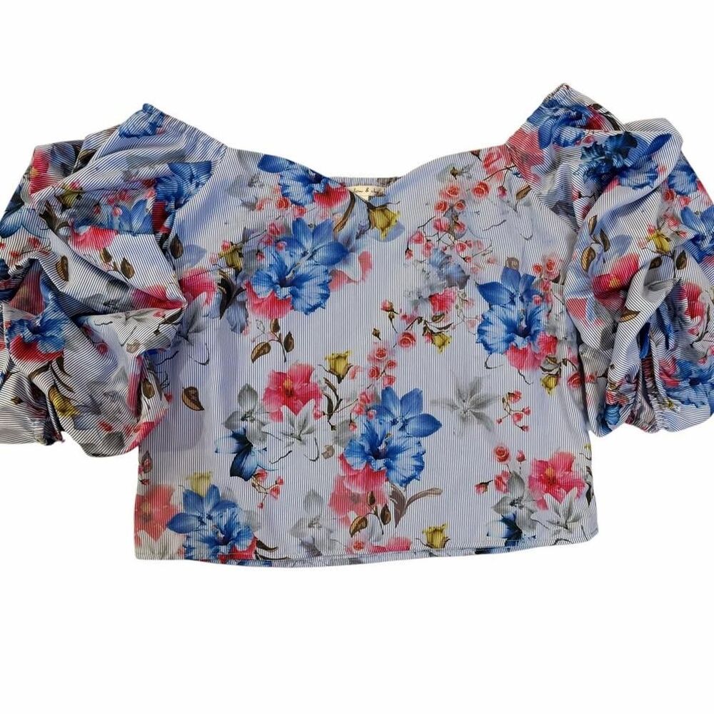 Willow & Clay blue & pink floral crop top with ruffled sleeves